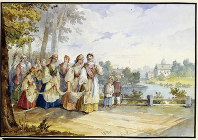 お祭りのドレスを着たロシアの農民の女の子。 カール・イワノビッチ・コルマン (1786-1846) の作品、厚紙に水彩 作： Karl Ivanovich Kolmann