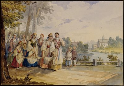 ロシアの農民の少女、フェスティバルドレス、1845年 作： Karl Ivanovich Kolmann