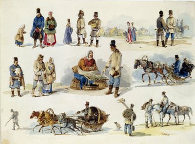 ロシアの民俗タイプ。 （ロシアの民俗タイプ）。 カール・イワノビッチ・コルマン (1786-1846) の作品、厚紙に水彩 作： Karl Ivanovich Kolmann