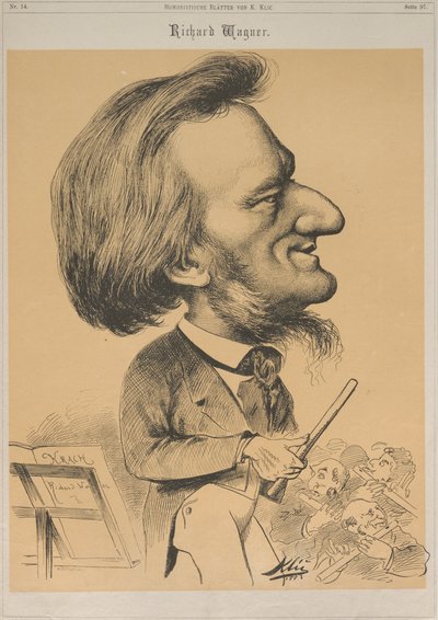 1873年、指揮者の机に座るリヒャルト・ワーグナー。 作： Karl Klic
