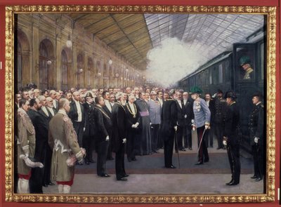 ボスニア・ヘルツェゴビナ併合に際し、オーストリア皇帝フランツ・ヨーゼフ1世（1830～1916）を国鉄駅に迎えたレセプション（10月31日 作： Karl Maria Schuster