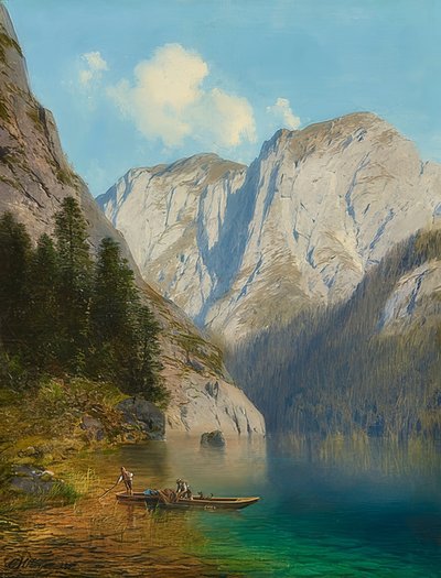 山の湖のほとりに海で漁師。 1882 作： Karl Millner