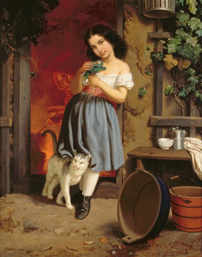 猫を持つ少女、1866キャンバスに油彩 作： Karl Nahl
