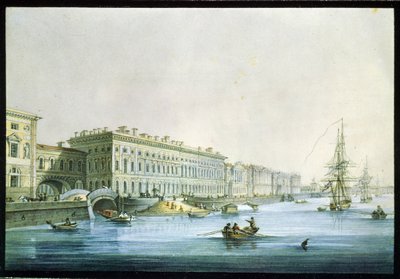 サンクトペテルブルクの宮殿堤防の眺め。 Karl Petrovich Beggrov (1799-1875) による絵画。 紙に水彩とインク、1830 年頃、19 世紀のロシア美術、古典主義。 国立ロシア美術館、聖ペトロ 作： Karl Pavlovich Beggrov