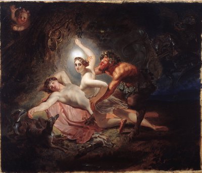 ダイアナ、エンディミオン、サテュロス (ダイアナ、エンディミオン、サテュロス) - Karl Pavlovich Briullov (Briullov) (1799-1852) による絵画、ボール紙に油彩 作： Karl Pavlovich Bryullov