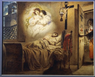 尼僧の悪夢（Nightmare of a nun）。 眠っている若い修道女が好色な情事を夢見ている間、上司の母親が独房の扉を開けます。 Karl Pavlovich Briullov (Briullov) (1799-1852) の作品、段ボールに水彩 作： Karl Pavlovich Bryullov