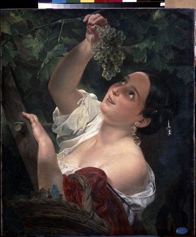 イタリアの正午（イタリアの正午）。 若い女性、むき出しの肩、ぶどうの房を摘む - Karl Pavlovich Briullov (Briullov) (1799-1852) による絵画 - キャンバスに油彩 作： Karl Pavlovich Bryullov
