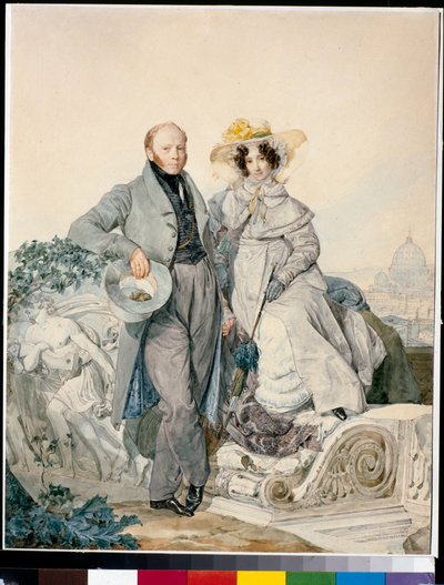 Grigory Nikanorovich と Varvara Alexeyevna Olenin の肖像 - Karl Pavlovich Briullov (Briullov) (1799-1852) によるボール紙の水彩画 作： Karl Pavlovich Bryullov