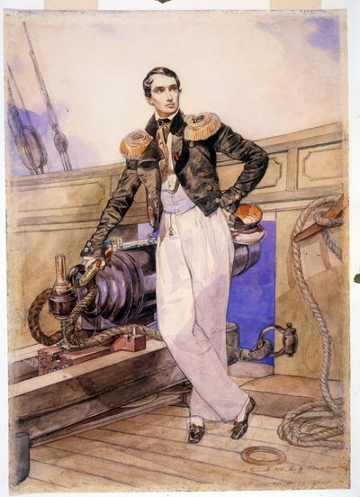 Vladimir Alekseevich Kornilov 1806-1854) はブリッグ Themistocle に乗っています。 （ブリッグテミストクレスに乗ったウラジミール・アレクセイヴィッチ・コルニーロフ）。 クリミア戦争の英雄である海軍将校と黒海艦隊の参謀長 (1853-1856) が立っています。 作： Karl Pavlovich Bryullov