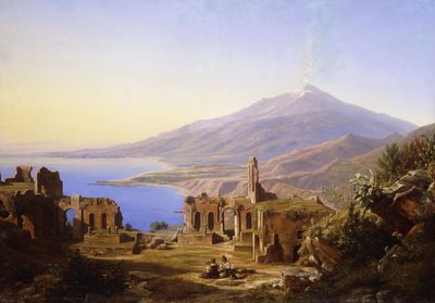 ギリシャシアター、タオルミーナ、エトナ山の向こう、1852年 作： Karl Robert Kummer