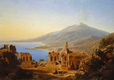 ギリシャシアター、タオルミーナ、エトナ山の向こう、1852年 作： Karl Robert Kummer