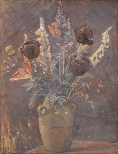 チューリップと他の花の粘土の花瓶 作： Karl Schou