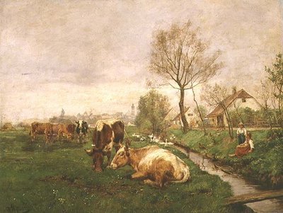 牛と小川のある風景 作： Karl Stuhlmuller