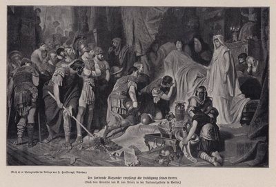 瀕死のアレキサンダー大王が軍の敬意を受ける様子（紀元前323年、バビロン）（リトグラフ 作： Karl Theodor von Piloty
