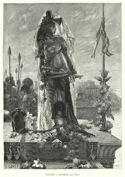 古代エジプトのナイル川に処女を生け贄として捧げること（リトグラフ 作： Karl Wilhelm Gentz
