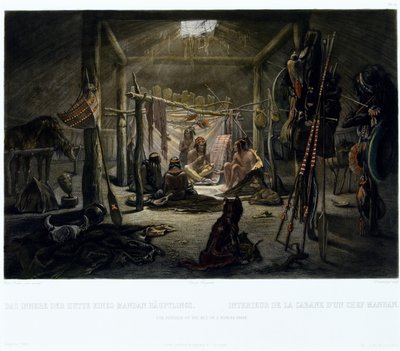 ナルダン・エドモンド・デスマドリル（b.1801）c.1835（アクアチントで彫刻）によって刻まれたマンダン族の首長の小屋の内部 作： Karl after Bodmer