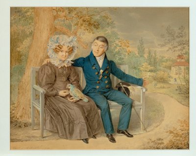 ウィーンの庭の老夫婦...（鉛筆と水彩画） 作： ザールのカール