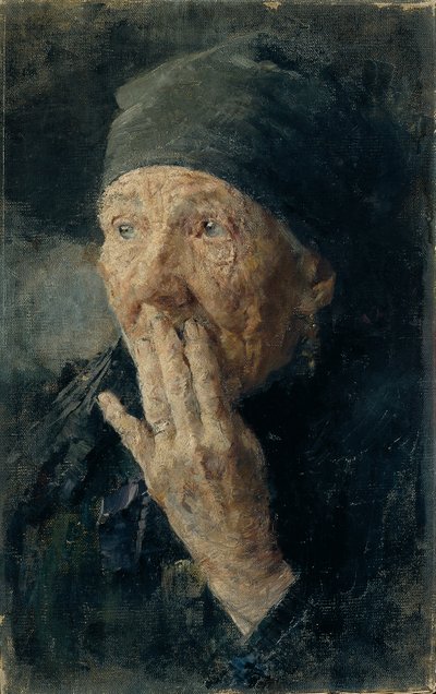 口を手で覆う老婆の頭 作： Karoline Kubin