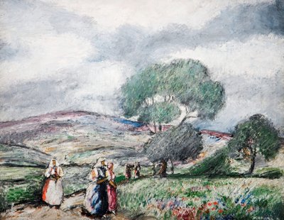 青と赤の人物がいる嵐の風景、1940年 作： Karoly Kotasz