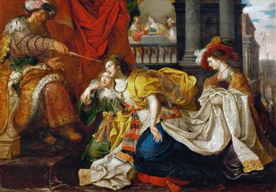 バロック :アハシュエロスの前のエスター」ファン・デン・ヘッケ、ガスパール（1585年頃-1648年以降）。油彩・キャンバスヴィエンヌの美術史博物館 作： Kasper or Gaspar van den Hoecke