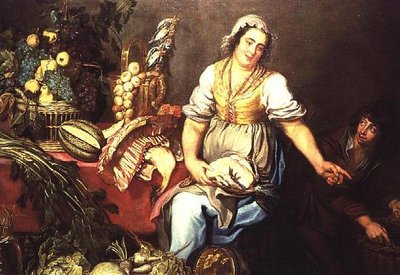 果物と野菜とニワトリを持つ少女のいる台所の静物画 作： Kasper or Gaspar van den Hoecke