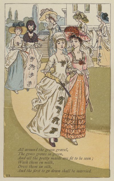 緑の砂利の周りに（カラーリトグラフ 作： Kate (after) Greenaway