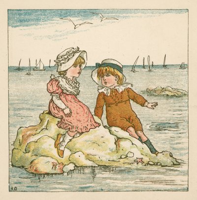 岩の上に取り残された少年少女（カラーリトグラフ 作： Kate (after) Greenaway