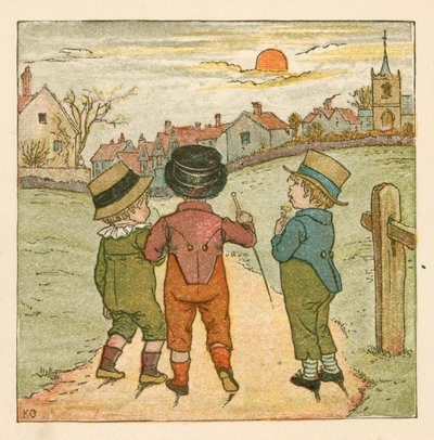 散歩に出かける少年たち（カラーリトグラフ 作： Kate (after) Greenaway