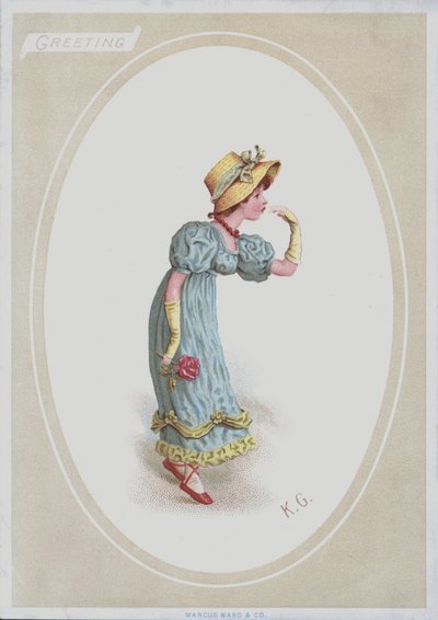 麦わら帽子をかぶり、バラを手にした青いドレスの少女（カラーリトグラフ 作： Kate (after) Greenaway