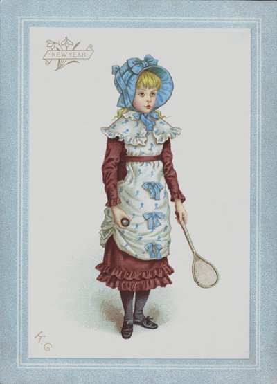 シャトルコックとラケットを持ったドレスとボンネットの少女（カラーリソグラフ 作： Kate (after) Greenaway