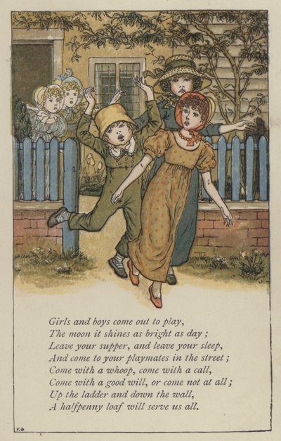 女の子と男の子が遊びに来る（カラーリトグラフ 作： Kate (after) Greenaway