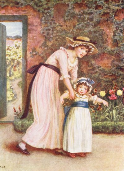 庭の二人の少女（カラーリトグラフ） 作： Kate (after) Greenaway