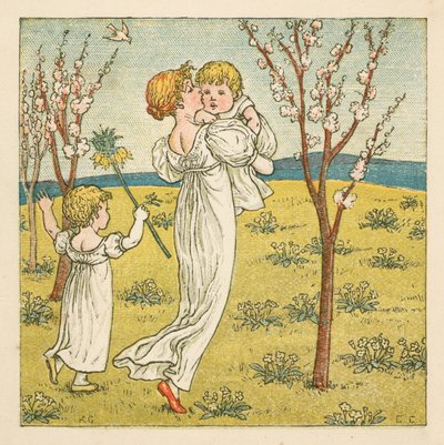 花の中を歩く（カラーリトグラフ 作： Kate (after) Greenaway