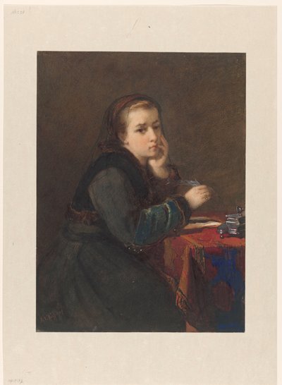 テーブルに座って書いている女の子 作： Kate Bisschop Swift