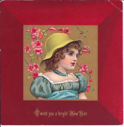 1880年頃の花の花束を持った摂政服に身を包んだ少女のビクトリア朝のクリスマスカード 作： Kate Greenaway