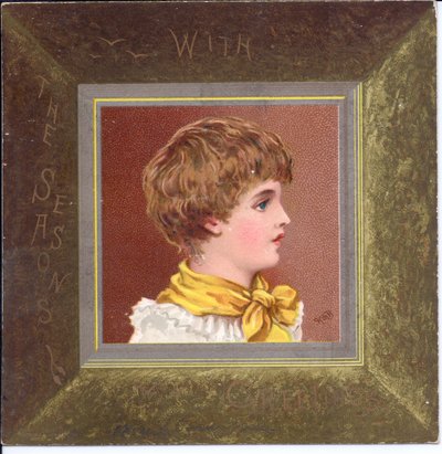 1880年頃、青い帽子をかぶった摂政服の少女のビクトリア朝の年賀状 作： Kate Greenaway