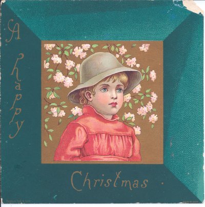 青いビーズのネックレスをつけた摂政服の少女のビクトリア朝の年賀状、1880年頃 作： Kate Greenaway