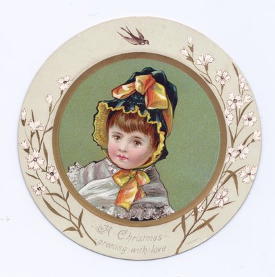 本を見ている少女の周りに腕を持つ少年のビクトリア朝のグリーティングカード 作： Kate Greenaway