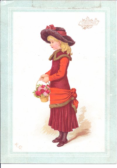 摂政時代の服を着た子供のビクトリア朝のグリーティングカード、1880年頃 作： Kate Greenaway