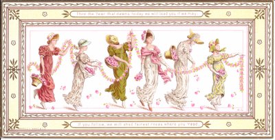 首に黄色のスカーフを巻いた子供のビクトリア朝のグリーティングカード、1880年頃 作： Kate Greenaway