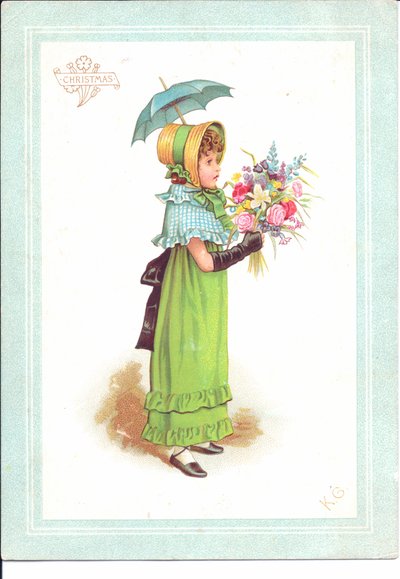 派手な衣装で踊る子供たちのビクトリア朝のグリーティングカード、1880年頃 作： Kate Greenaway