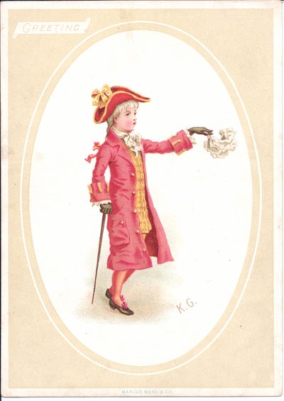 夕食のテーブルに座っている子供たちのビクトリア朝のグリーティングカード。 作： Kate Greenaway