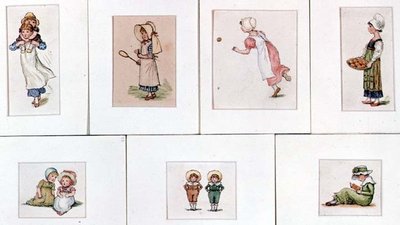 子供たちが遊んでいる様子を描いた水彩画のミニチュアコレクション 作： Kate Greenaway