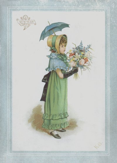 日傘と花束を持って、緑のドレスの女の子 作： Kate Greenaway