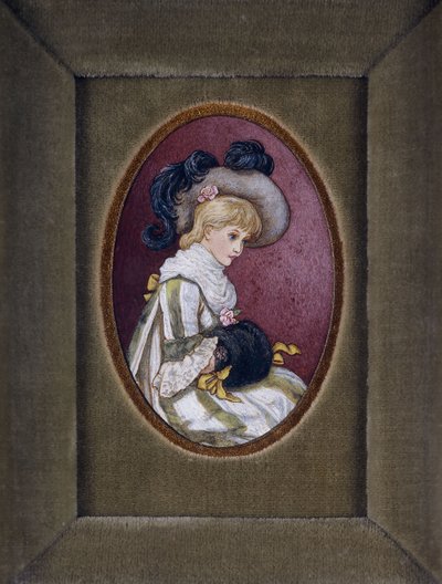 彼女のマフの中に彼女の手で羽毛の帽子をかぶっているブロンドの女の子の楕円形の肖像画 作： Kate Greenaway