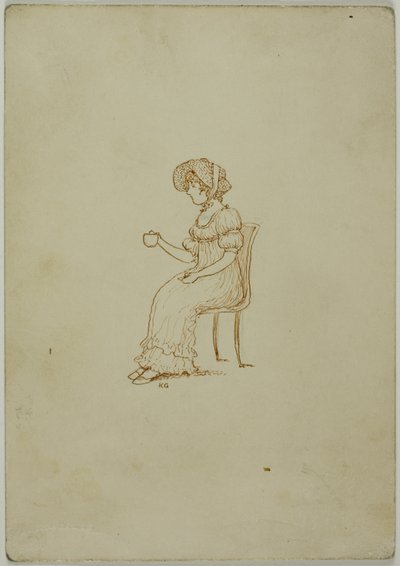 ティー カップを保持している座っている女の子 作： Kate Greenaway