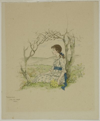 サクラソウと座っている女の子 作： Kate Greenaway