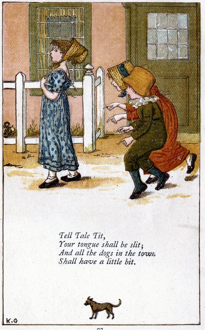 シジュウカラに告ぐ／あなたの舌は切り裂かれよう：ケイト・グリーナウェイ（1846-1901）による童謡本のための挿絵。クロモリトグラフ 作： Kate Greenaway