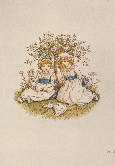 19世紀のバラの茂みの下に座っている人形を持つ2人の女の子 作： Kate Greenaway