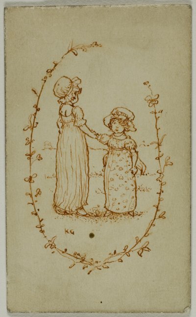 2 人の女の子のビネット (直訳); アテナ（裏） 作： Kate Greenaway